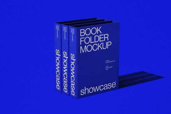 Blue book folder mockup on a blue background for designers to showcase portfolio work, ideal for mockups category in a digital asset marketplace.